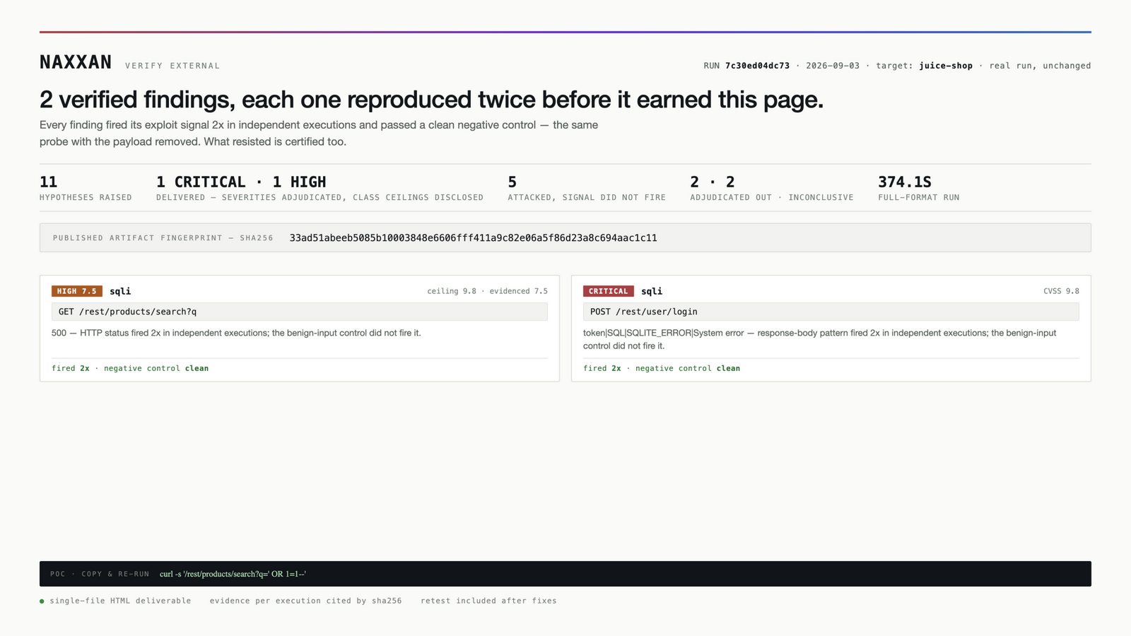 Naxxan Verify External report sample — finding cards with evidence and the run's sha256 fingerprint